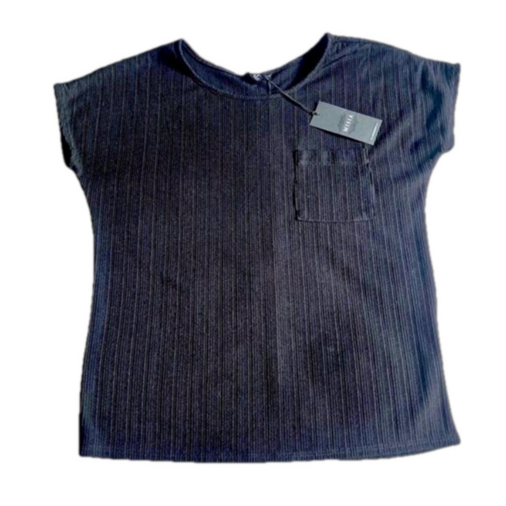 Misia Ribbed Buttoned Back Chest Pocket Top Women’s Black Size Small